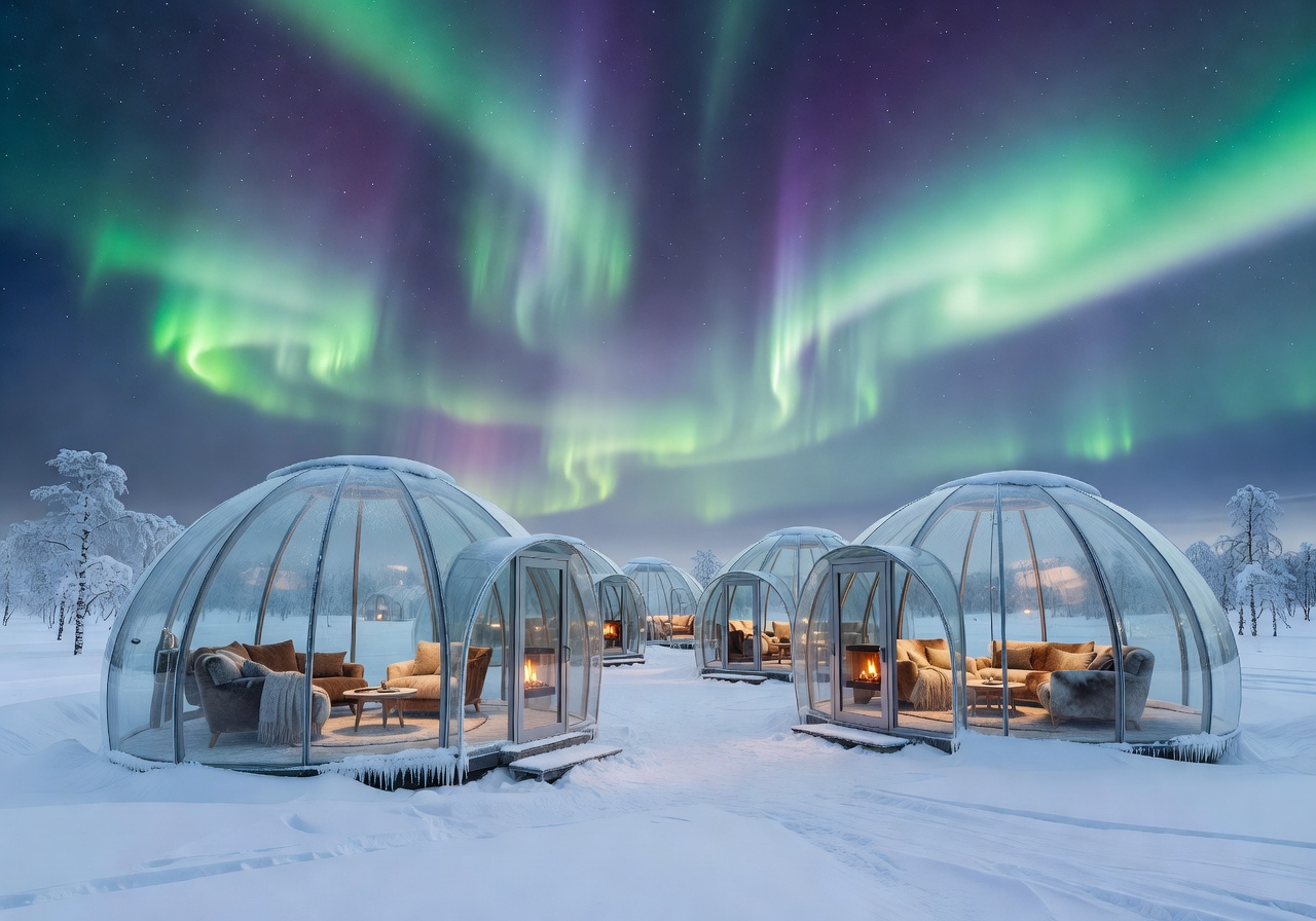 Arctic Royal Retreat glass igloo hotel in Rovaniemi Lapland under aurora