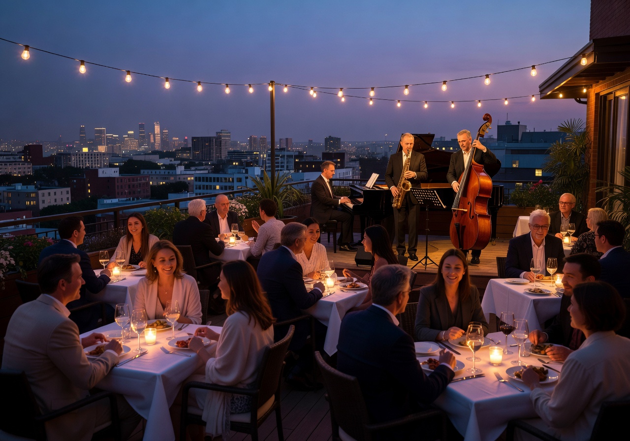 Evening rooftop dining with live jazz music ambiance