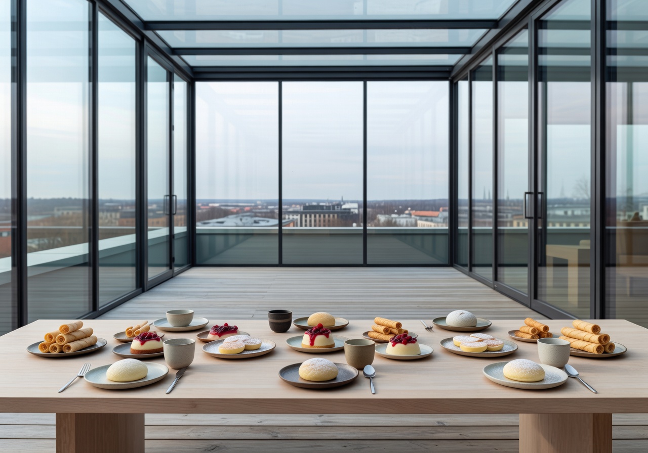 Glass rooftop dining terrace with Scandinavian desserts