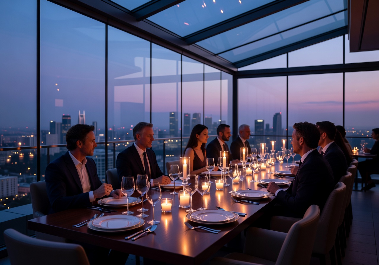 Glass rooftop dining with candles