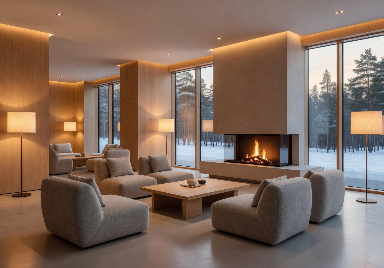 Modern Nordic luxury hotel interior with warm lighting