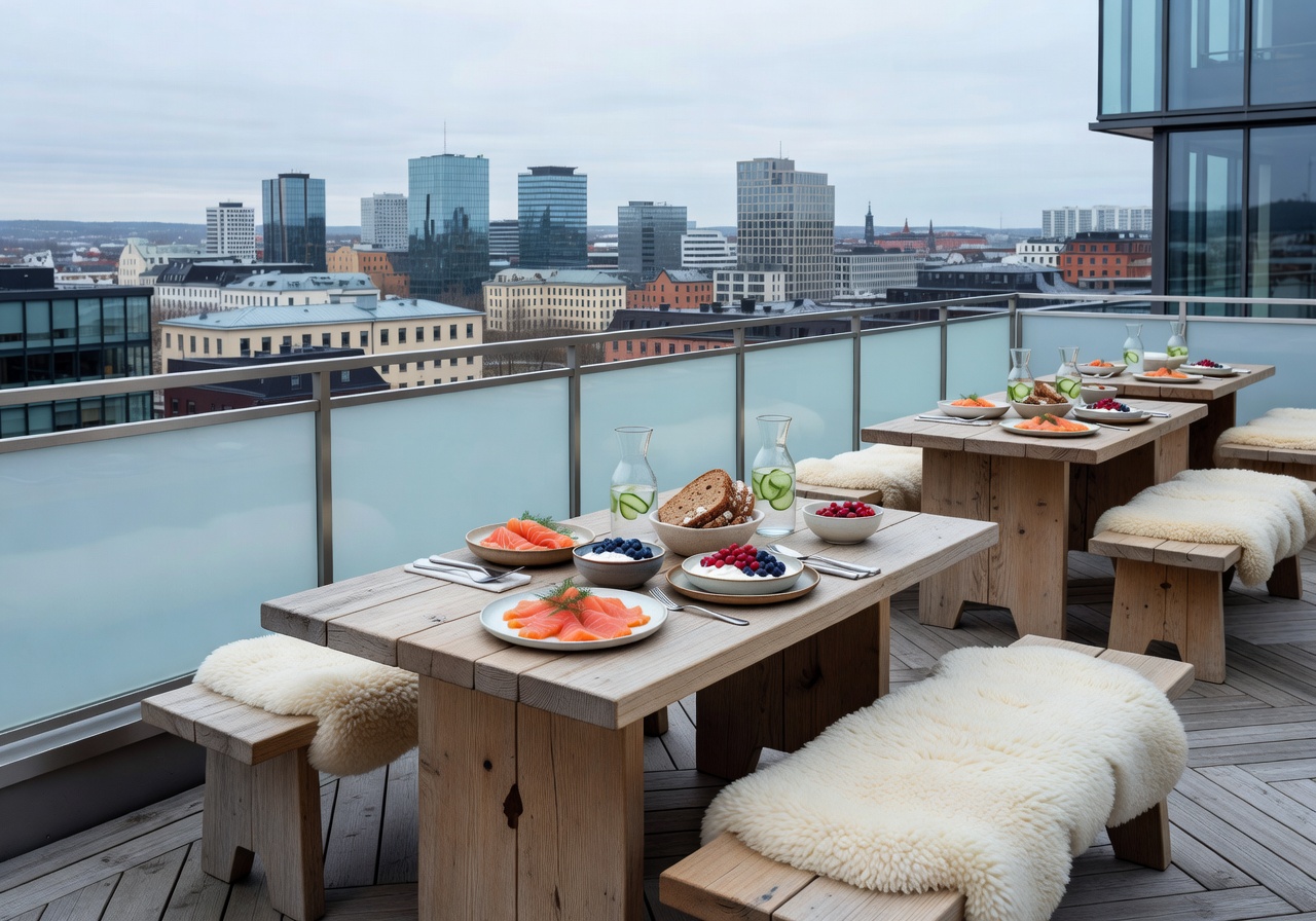 Nordic rooftop brunch terrace with skyline view