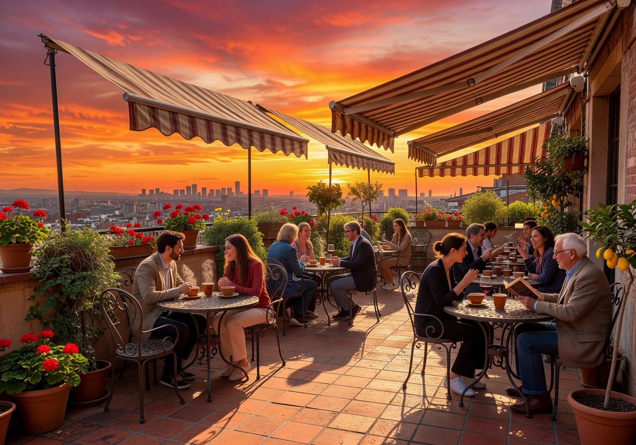 Rooftop café terrace at sunset
