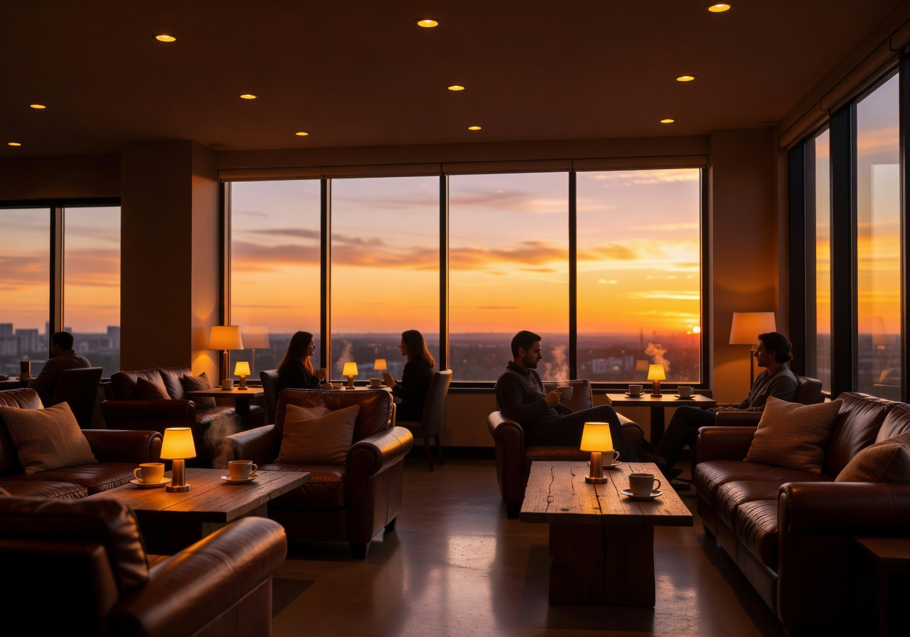 Sunset coffee lounge with warm gold ambient lighting